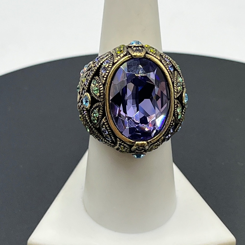 Heidi Daus "Delight In Tanzanite" Swarovski Crystal Dome Brass‎ Tone Ring Sz 8.5